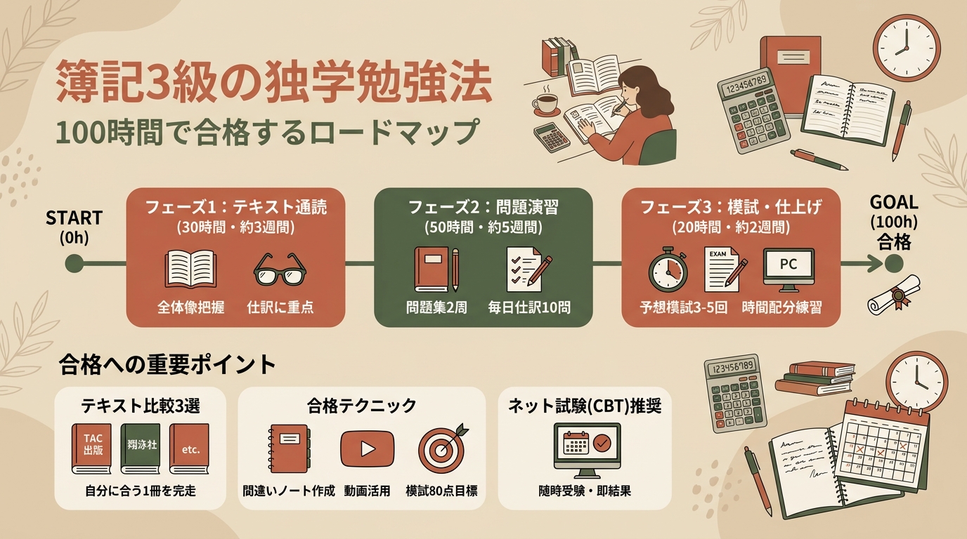 簿記3級の独学勉強法｜100時間で合格するロードマップ