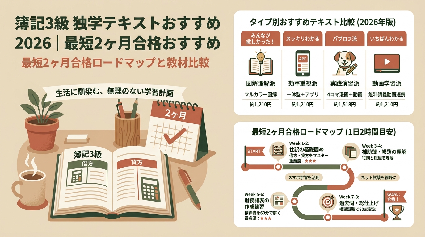 簿記3級独学テキストおすすめ2026｜最短2ヶ月合格ロードマップと教材比較