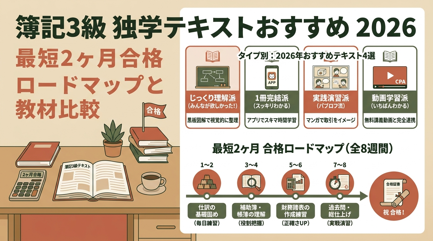 簿記3級独学テキストおすすめ2026｜最短2ヶ月合格ロードマップと教材比較 アイキャッチ（PC用）