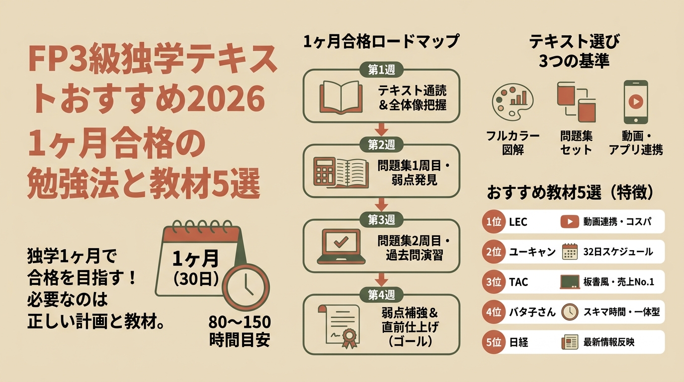 FP3級独学テキストおすすめ2026｜1ヶ月合格の勉強法と教材5選 アイキャッチ（PC用）