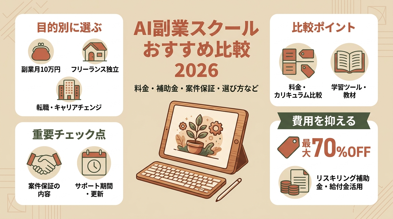 AI副業スクールおすすめ比較2026 料金・補助金・案件保証・選び方など アイキャッチ(PC用)