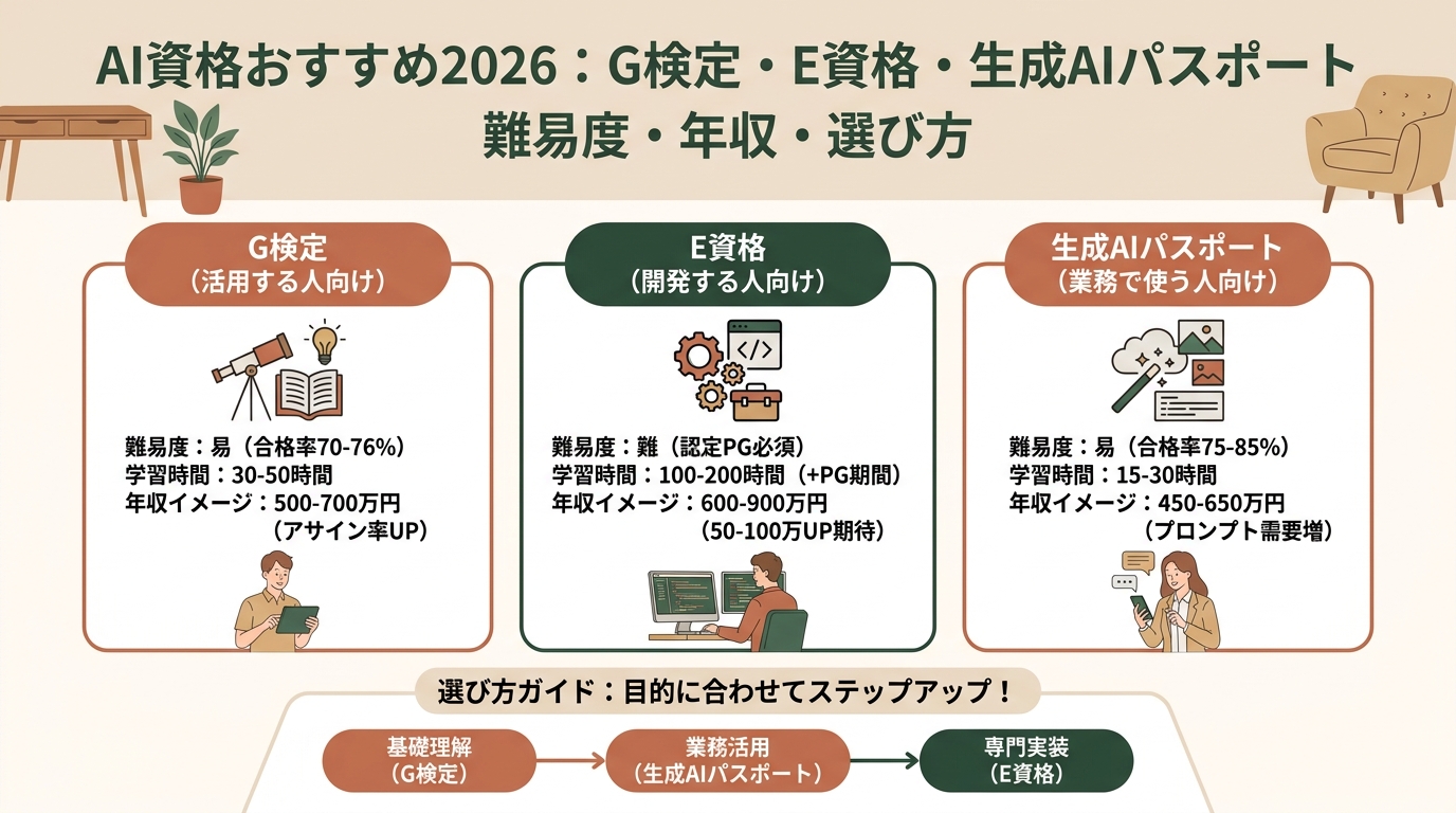 AI資格おすすめ2026 G検定・E資格・生成AIパスポート 難易度・年収・選び方など アイキャッチ(PC用)