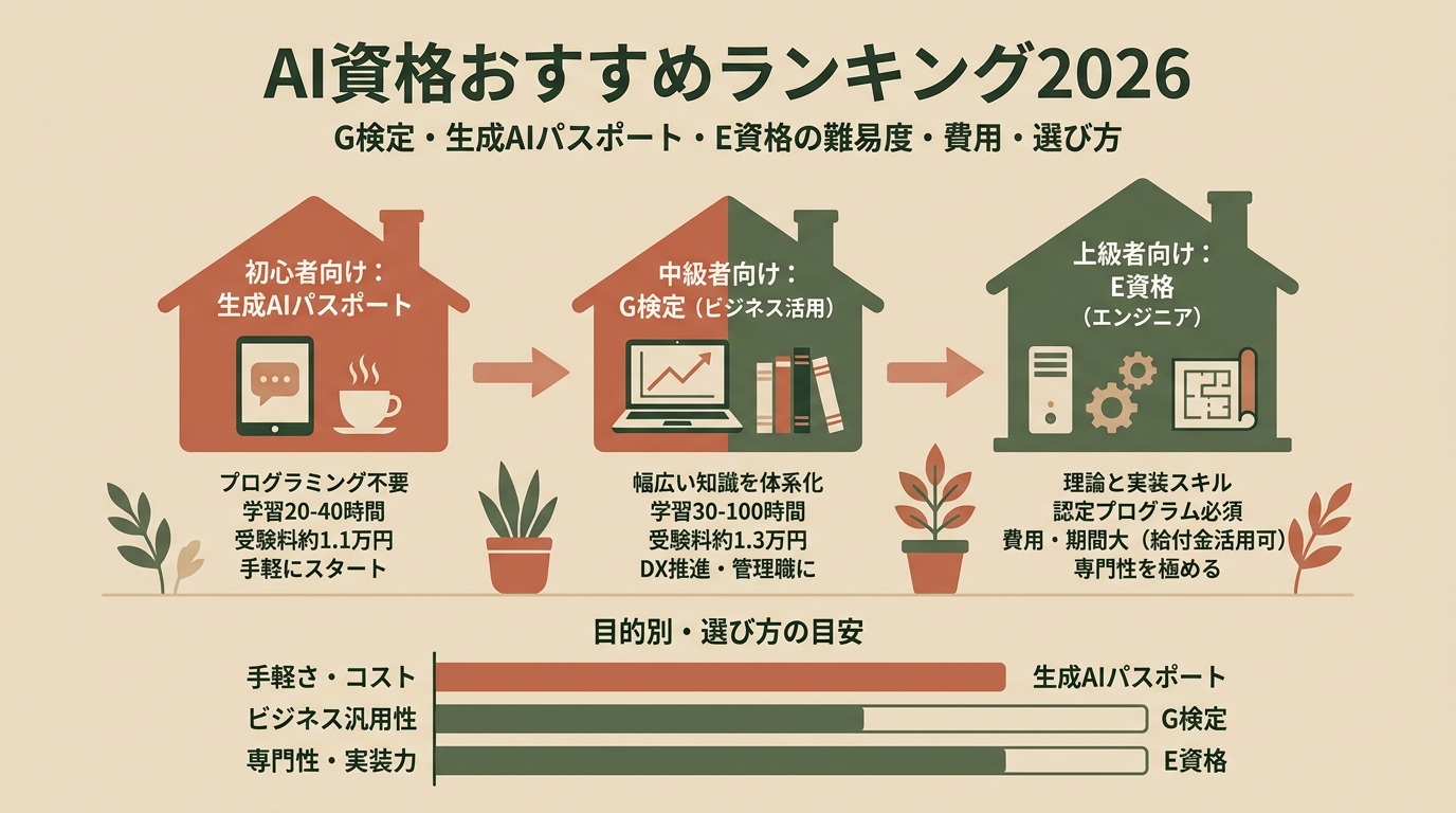 AI資格おすすめランキング2026 G検定・生成AIパスポート・E資格の難易度・費用・選び方など アイキャッチ（PC用）