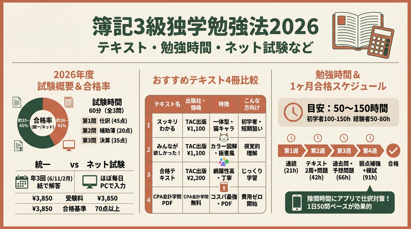 簿記3級独学勉強法2026 テキスト・勉強時間・ネット試験など