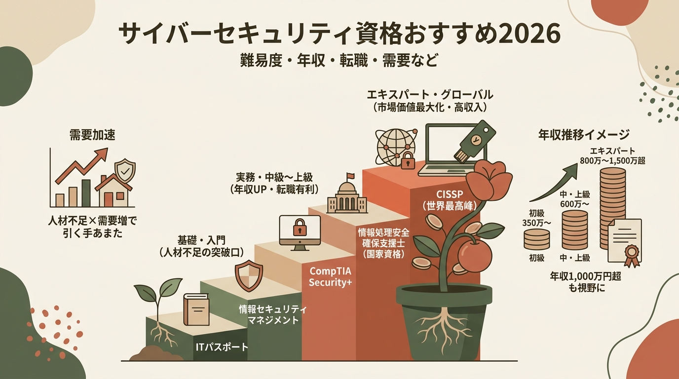 サイバーセキュリティ資格おすすめ2026 難易度・年収・転職・需要など