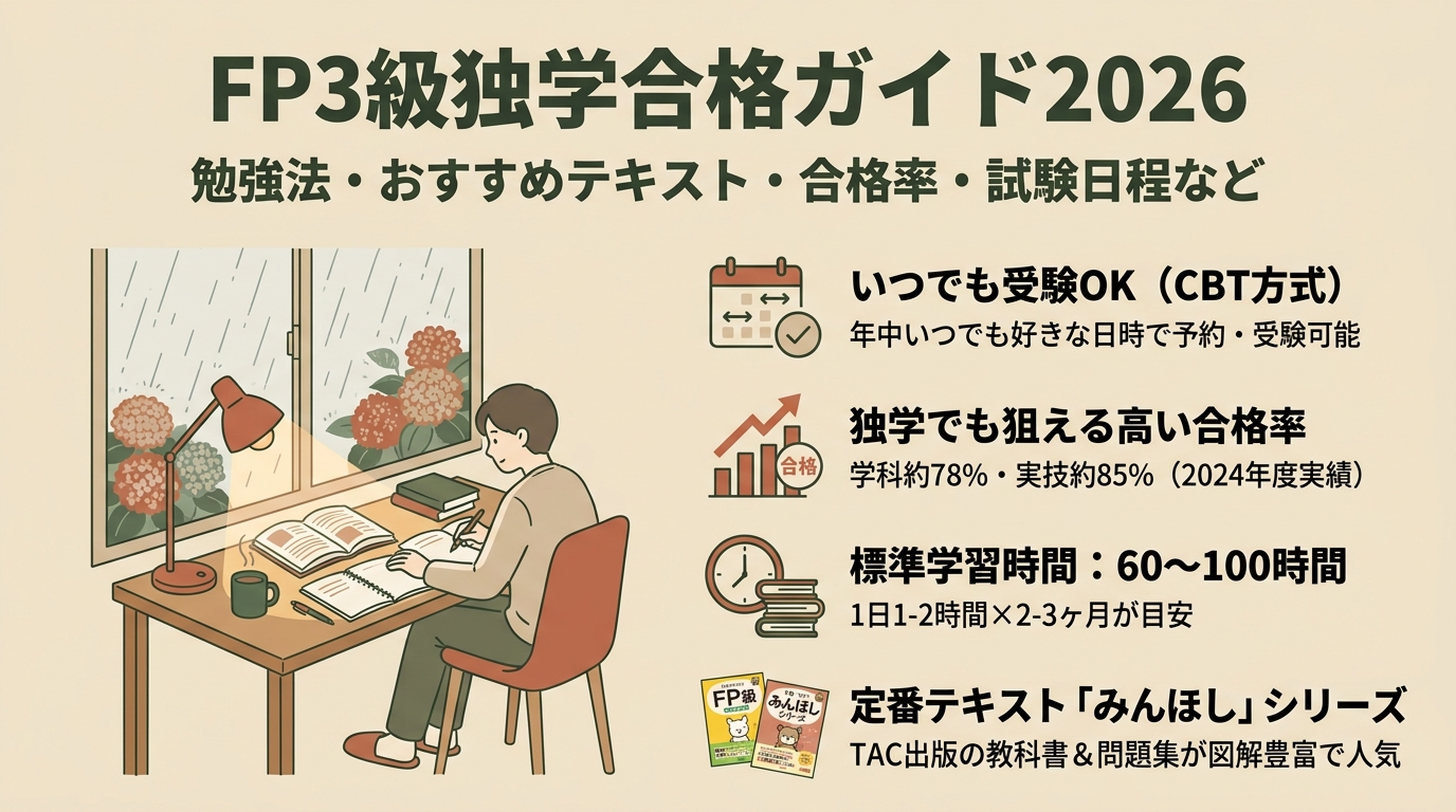 FP3級独学合格ガイド2026 勉強法・おすすめテキスト・合格率・試験日程など