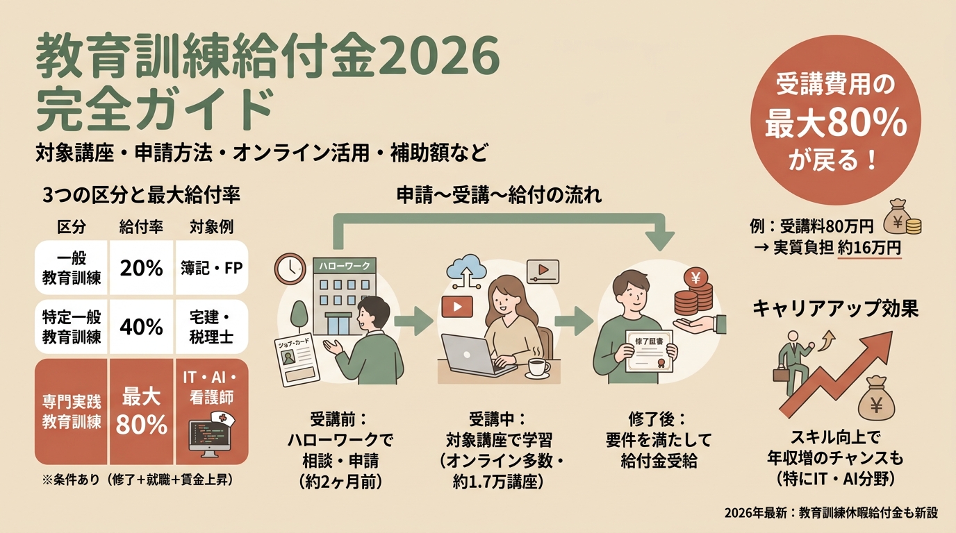 教育訓練給付金2026完全ガイド 対象講座・申請方法・オンライン活用・補助額など