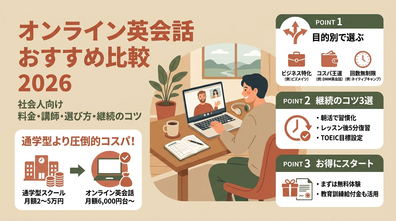 オンライン英会話おすすめ比較2026 社会人向け料金・講師・ビジネス英語・選び方など アイキャッチ（PC用）
