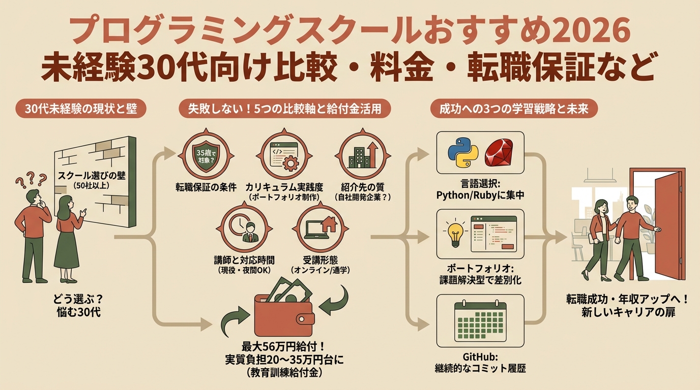 プログラミングスクールおすすめ2026 未経験30代向け比較・料金・転職保証など アイキャッチ（PC用）