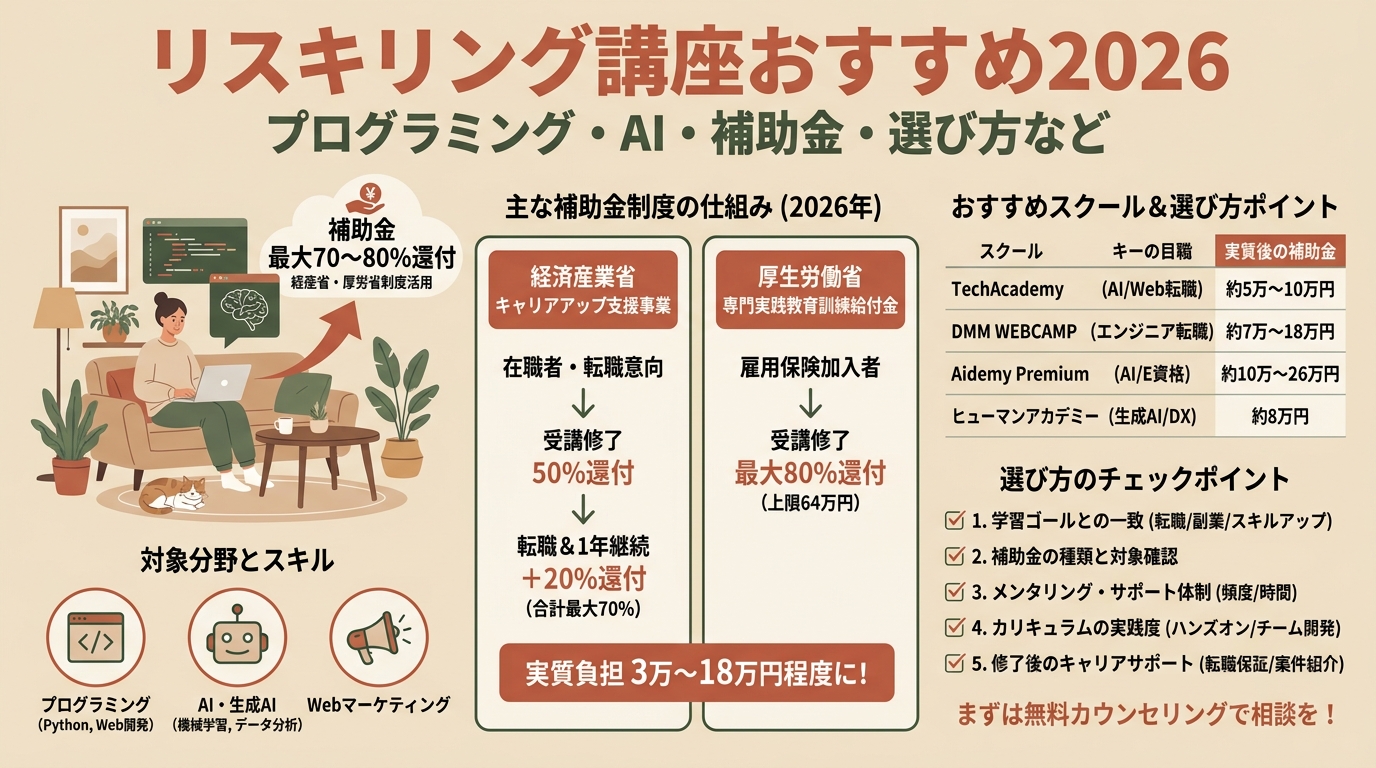 リスキリング講座おすすめ2026 プログラミング・AI・補助金・選び方など