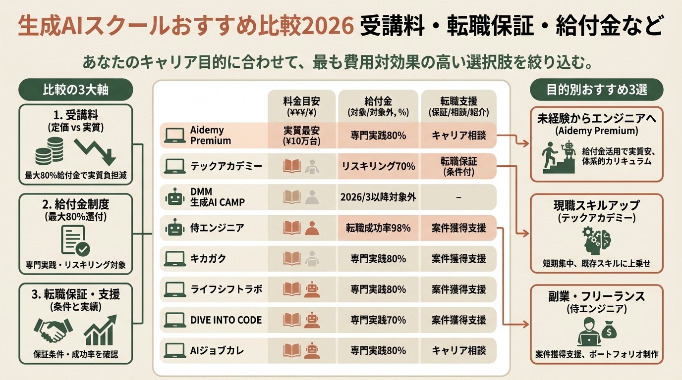 生成AIスクールおすすめ比較2026 受講料・転職保証・給付金など