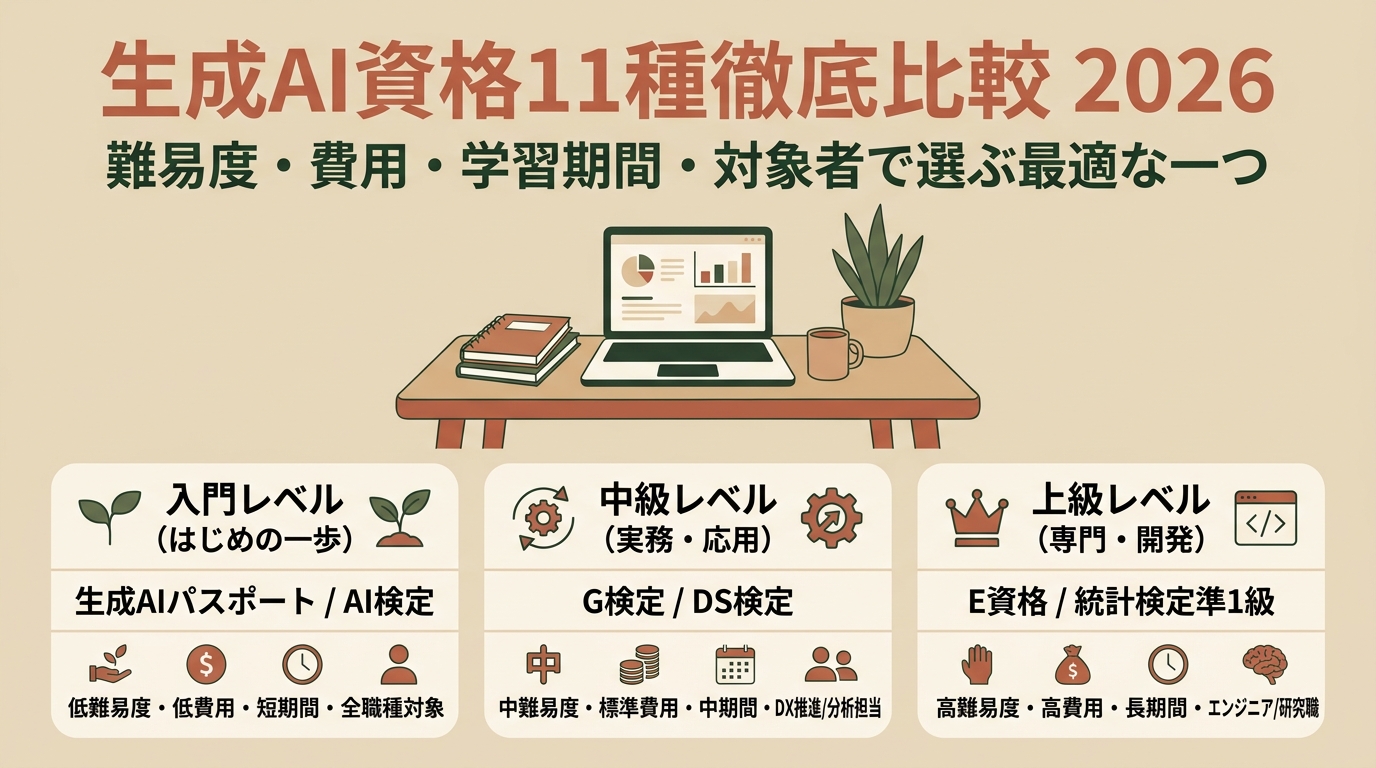 生成AI資格11種徹底比較2026 難易度・費用・学習期間・対象者で選ぶ最適な一つなど アイキャッチ(PC用)