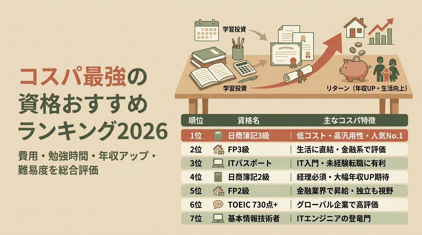 コスパ最強の資格おすすめランキング2026 費用・勉強時間・年収アップ・難易度など アイキャッチ（PC用）