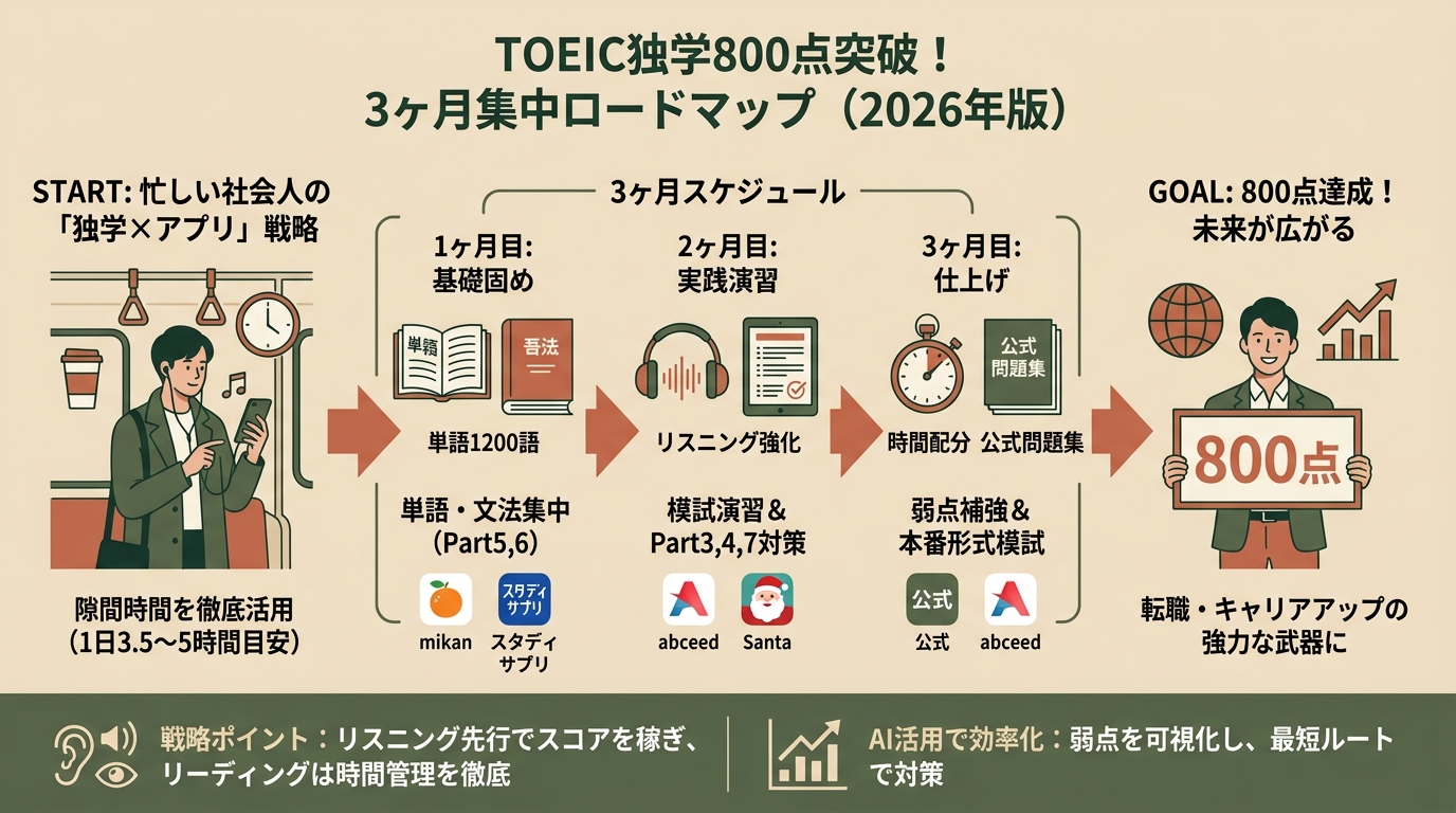 TOEIC独学800点の勉強法2026 3ヶ月スケジュール・おすすめアプリ・教材など
