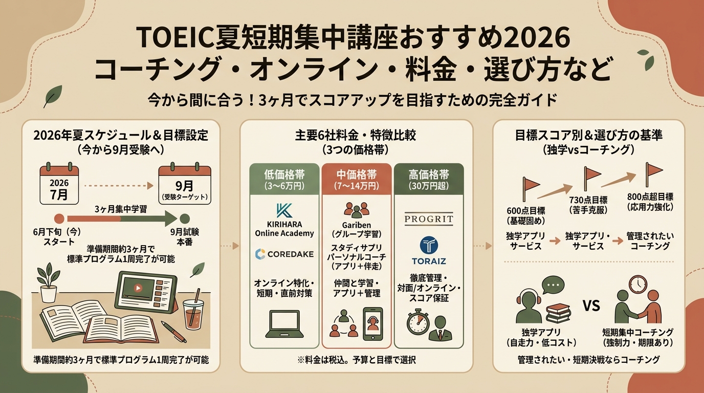 TOEIC夏短期集中講座おすすめ2026 コーチング・オンライン・料金・選び方など アイキャッチ(PC用)