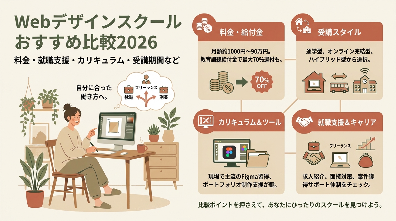 Webデザインスクールおすすめ比較2026 料金・就職支援・カリキュラム・受講期間など アイキャッチ(PC用)